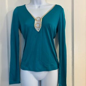 Moda International Teal Ruched Long Sleeve Top Gold Ring Detail Size Small